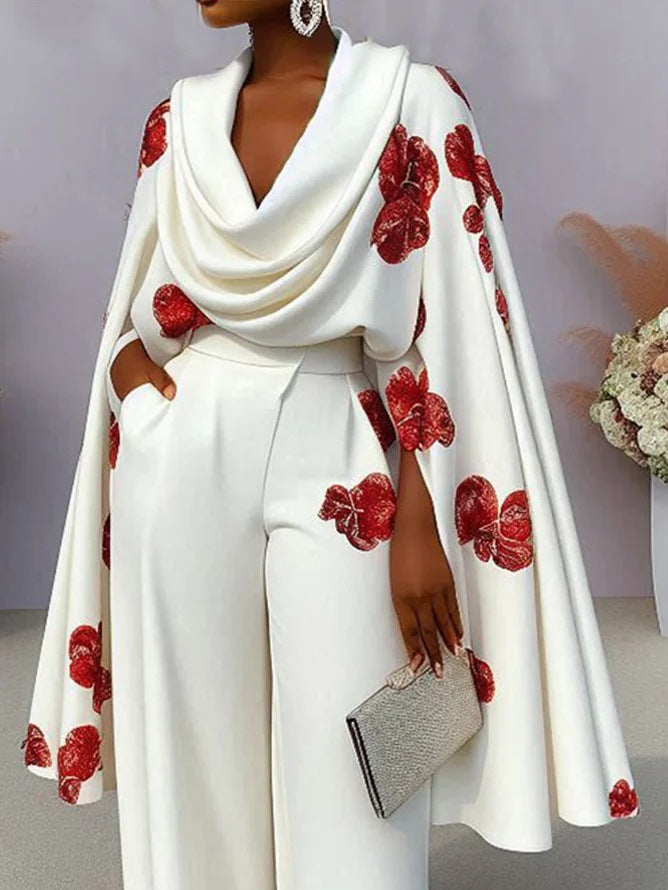 Foreign Trade Cross-border European And American Women's Clothing Independent Station New Printed Pile Collar Long Sleeve Two-piece Pants Suit