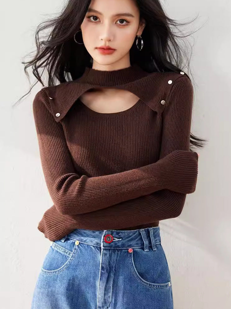 R3528 Niche Design Knitwear Women's Half Turtleneck Cut Out Elastic Brown Sexy Flesh-Covering Slimming Look Top Winter