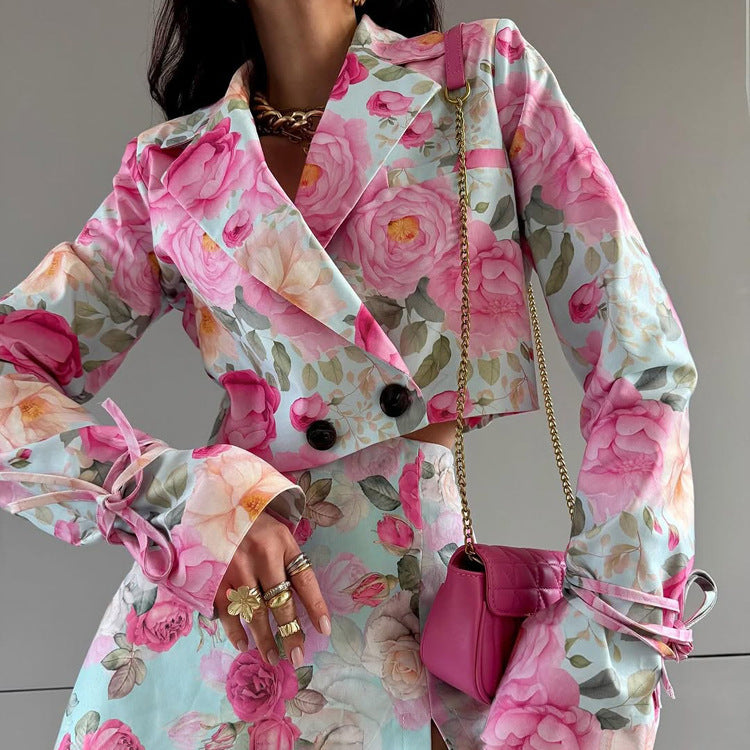 Foreign Trade Women's Digital Printing Fashion Skirt Suit New Lapel Long-sleeved Top High-waisted Skirt Two-piece Set