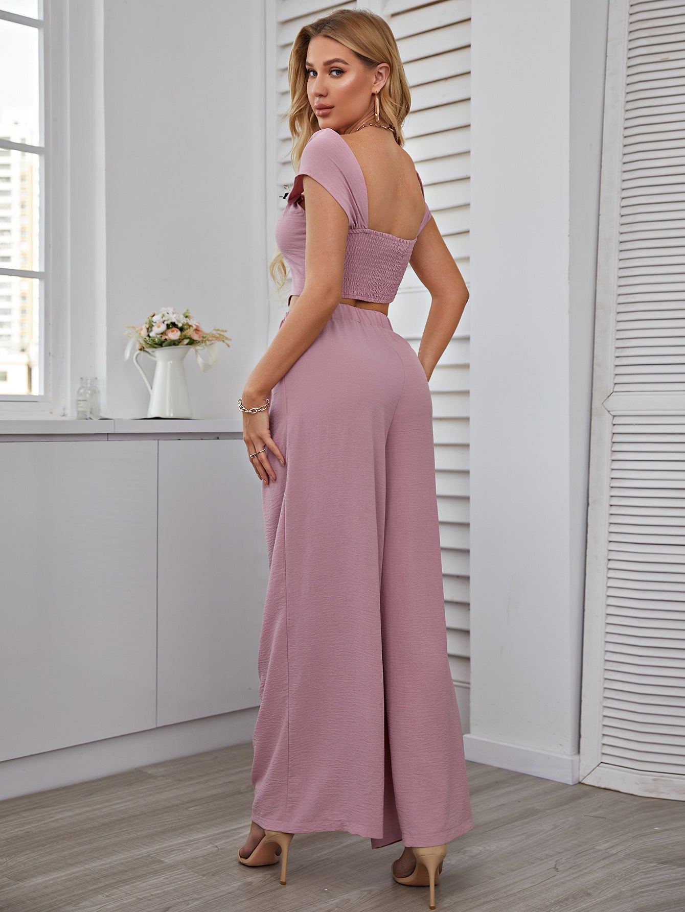 22 Spring And Summer New Cross-border Hot Selling Temperament Commuter Wide-leg Pants Vest Sleeveless Pure Mid-length Pink Solid Color Pants Suit