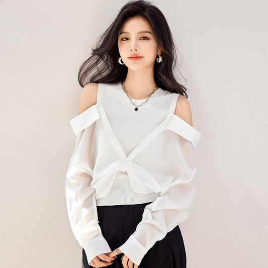 G9052 Spring New Fashion Pure Want All-match Design Off-shoulder Shirt Women's Sweet Top Chic And Beautiful Shirt