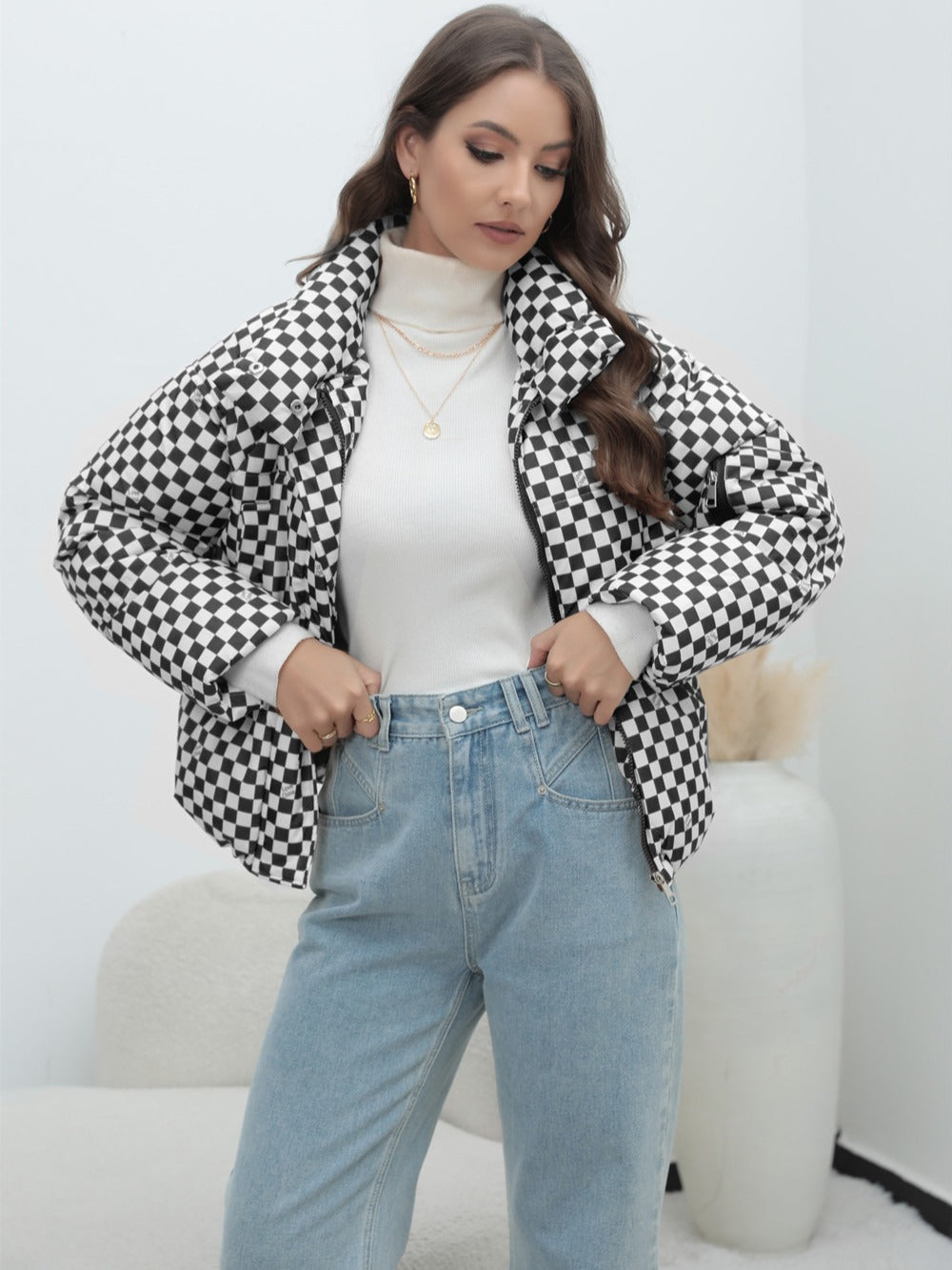 Amazon European And American Coat Plaid Plus Size Women's Coat Bread Clothing Warm Down Cotton-padded Jacket Women's Cotton-padded Coat