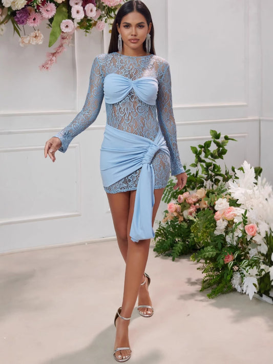 Cross-border European And American Style 2025 Spring And Summer New Women's Fashion Sexy Round Neck Lace Stitching Long Sleeve Slim Dress