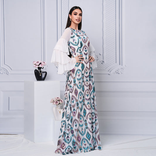 Cross-border Export European And American Middle East Saudi Arabia Clothing Long Round Neck Long-sleeved Slim Waist Sequin Dress