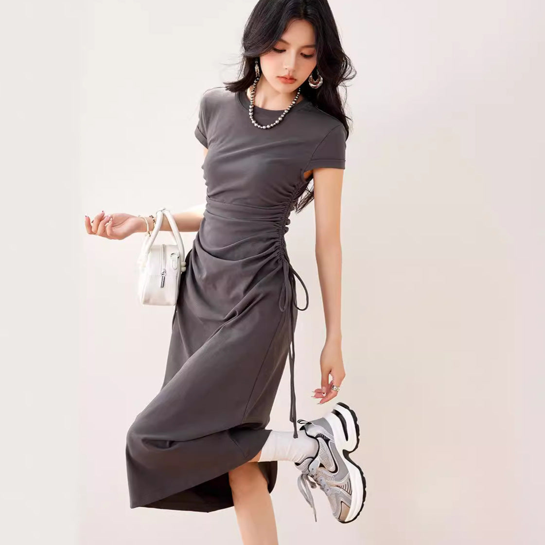 R3322 Designer Slim Dress Slimming Look And Taller Pure Color Pleated Waist Elegant Casual Long Skirt Summer