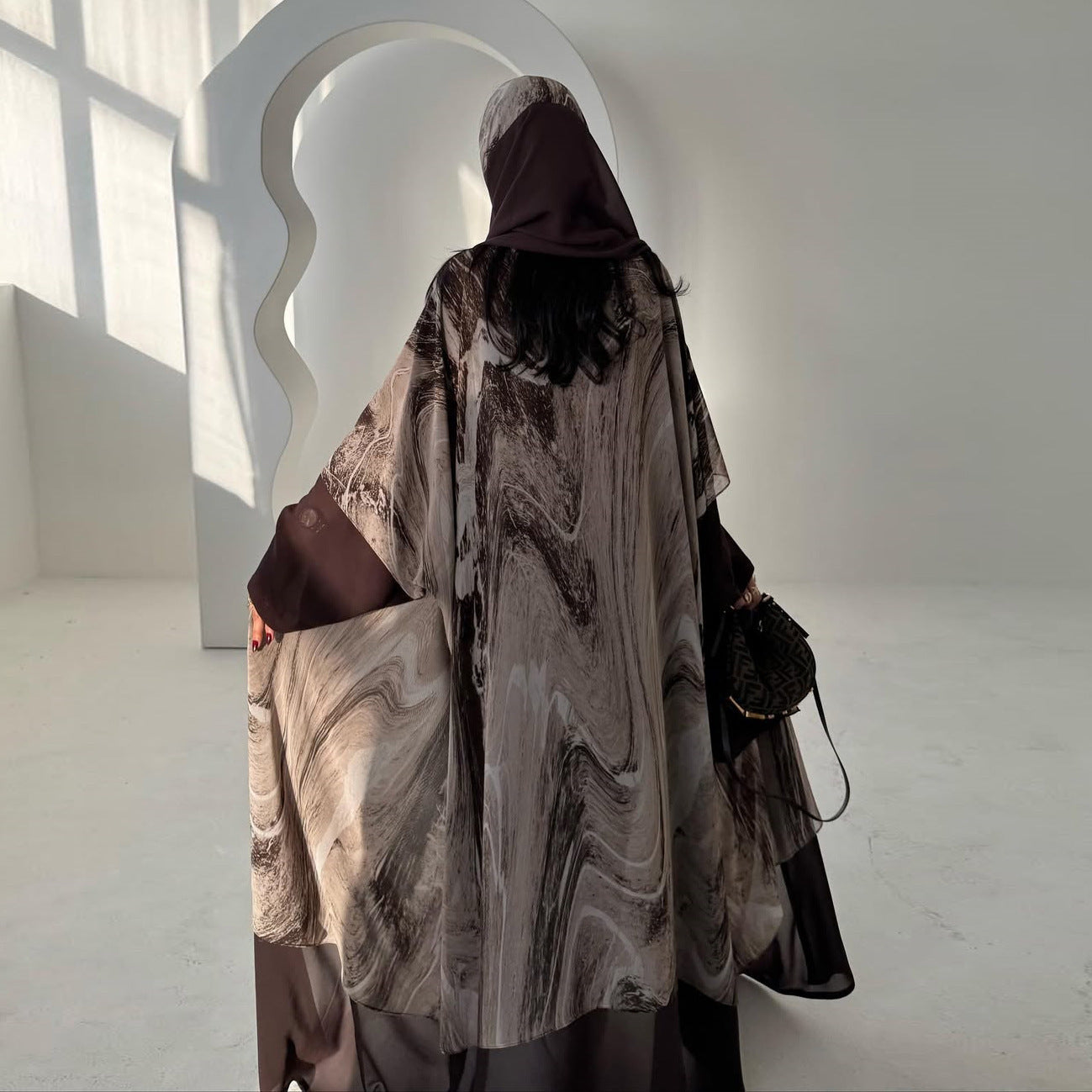 MQ222 With Turban Brown Print Abaya Cardigan Jacket Fashionable Casual Burqa Wears Muslim Women's Clothing
