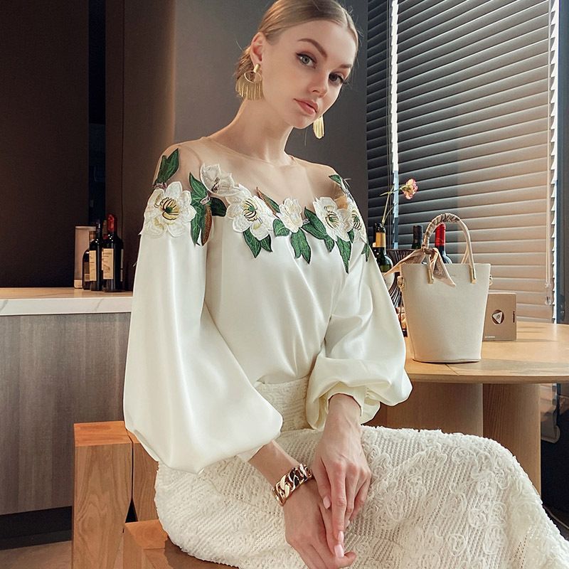Mesh Stitching Satin Embroidered Shirt Top Women's Belle Mesh Yoke Blouse