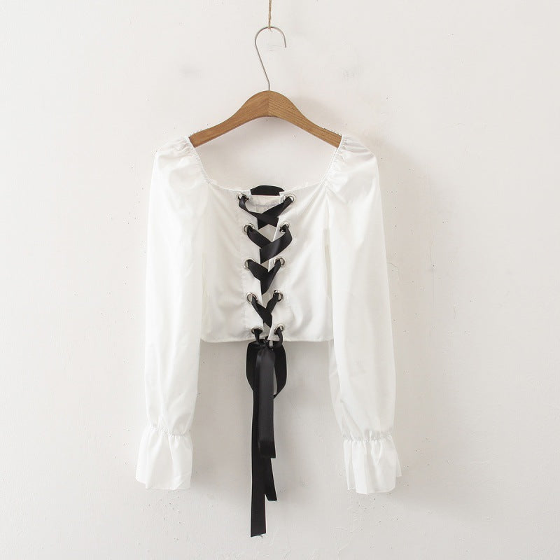Autumn New Style Palace Puff-sleeved Long-sleeved Shirt, Feminine Backless Cross-over Short Strappy Top With Slim Fit