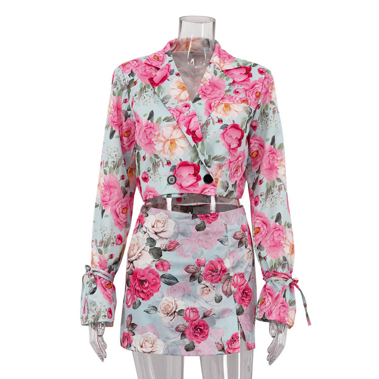 Foreign Trade Women's Digital Printing Fashion Skirt Suit New Lapel Long-sleeved Top High-waisted Skirt Two-piece Set