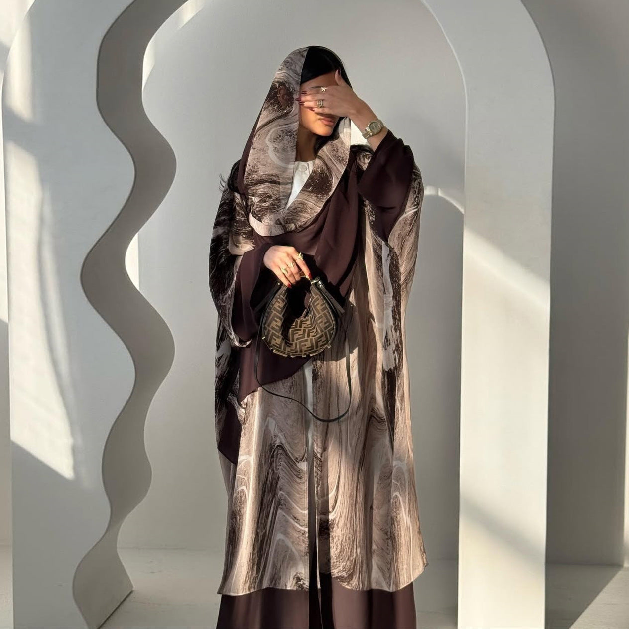 MQ222 With Turban Brown Print Abaya Cardigan Jacket Fashionable Casual Burqa Wears Muslim Women's Clothing