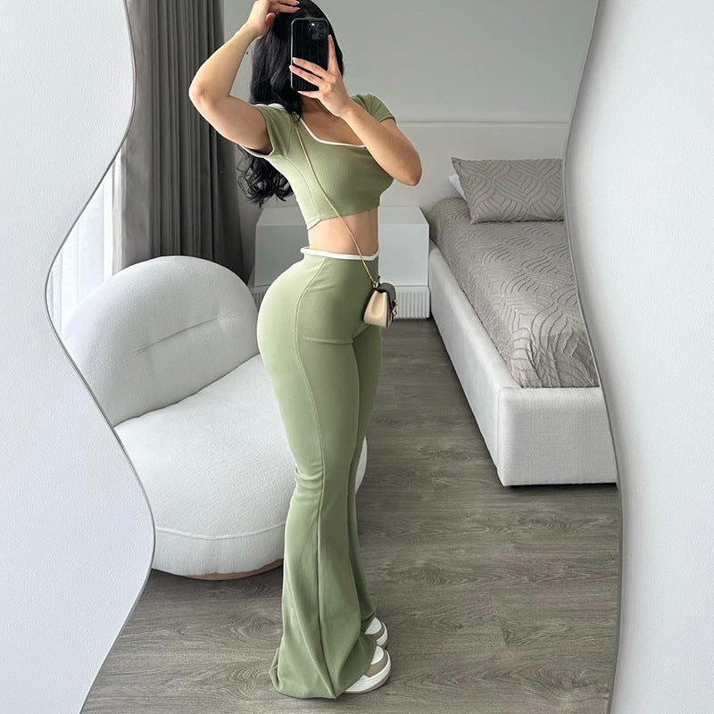 K24ST488 European And American Cross-border Women's Wear Spring And Summer Big Square Collar Short Navel Low Waist Micro Horn Slimming Knitted Suit