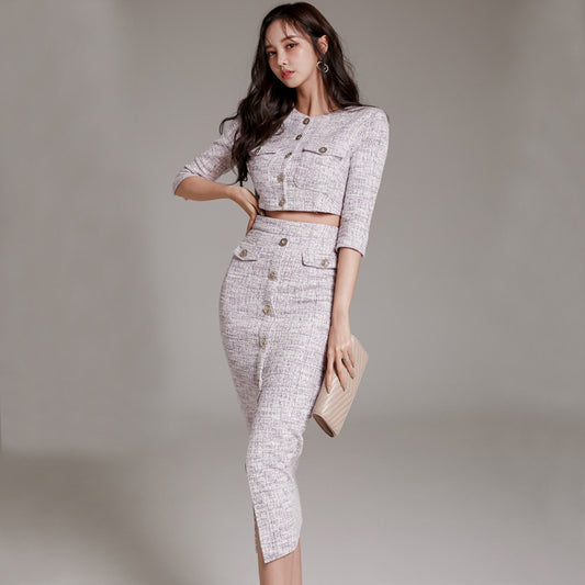 Tweed Style Two-Piece Set: Short Sleeve Top and High-Waisted Skirt for Women