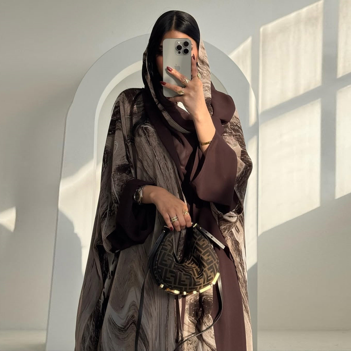 MQ222 With Turban Brown Print Abaya Cardigan Jacket Fashionable Casual Burqa Wears Muslim Women's Clothing