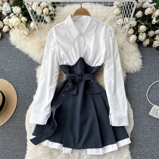 High-quality Light Familiar Style Niche Design Contrast Color Long-sleeved Dress Autumn Women's French Waist Shirt Skirt
