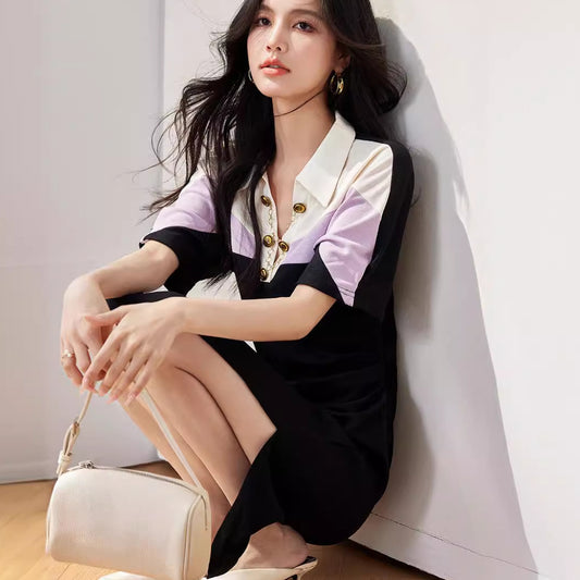 R3210 Color-Blocked Elegant Sports Polo Dress Women's Long Slim Waist High-End Short-Sleeved Casual Skirt Summer