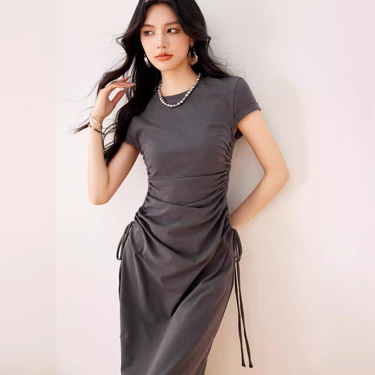 R3322 Designer Slim Dress Slimming Look And Taller Pure Color Pleated Waist Elegant Casual Long Skirt Summer