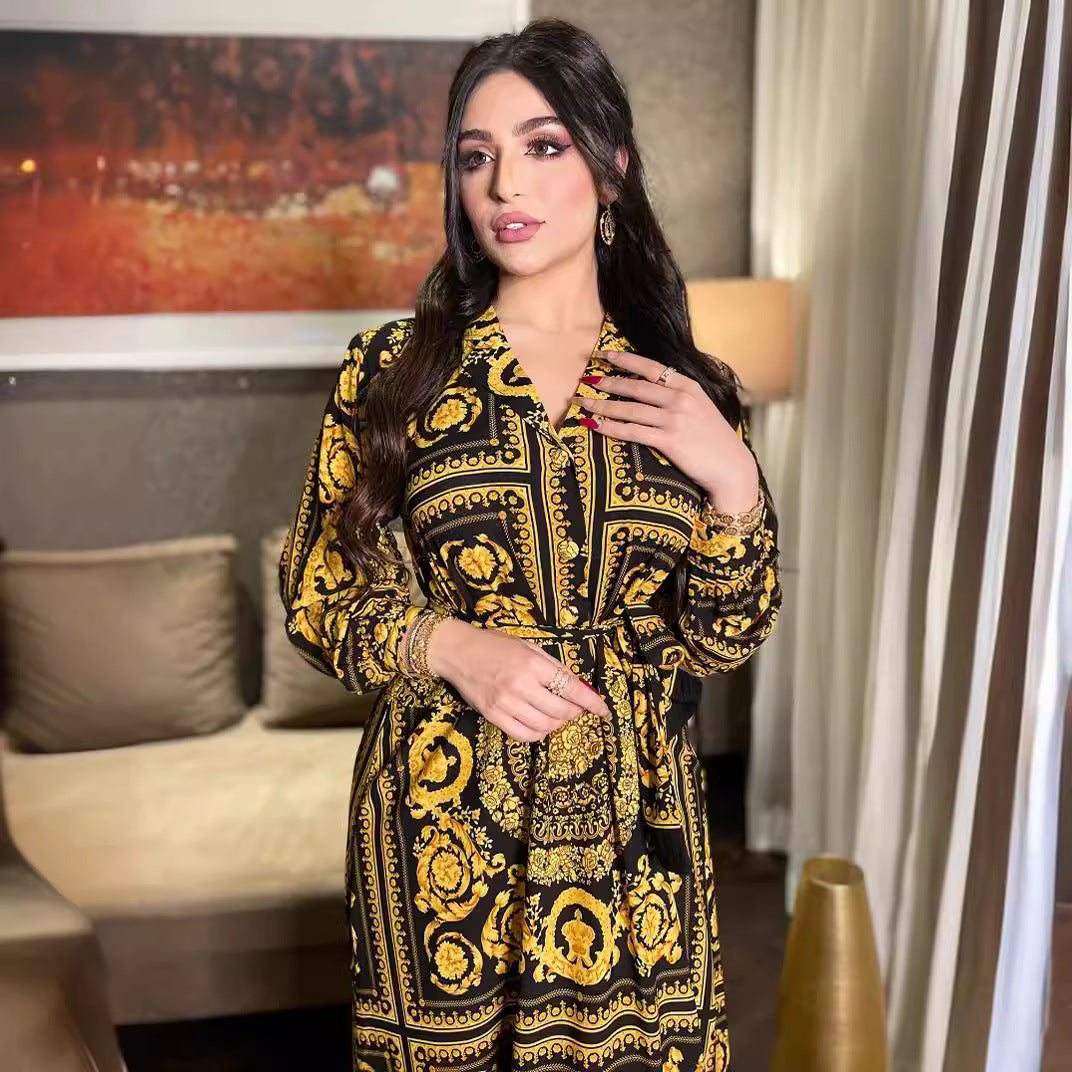 In Stock! European And American Cross-Border Independent Station Women's Shirt Printed Long-Sleeved Dress Fashionable Long Skirt Dress