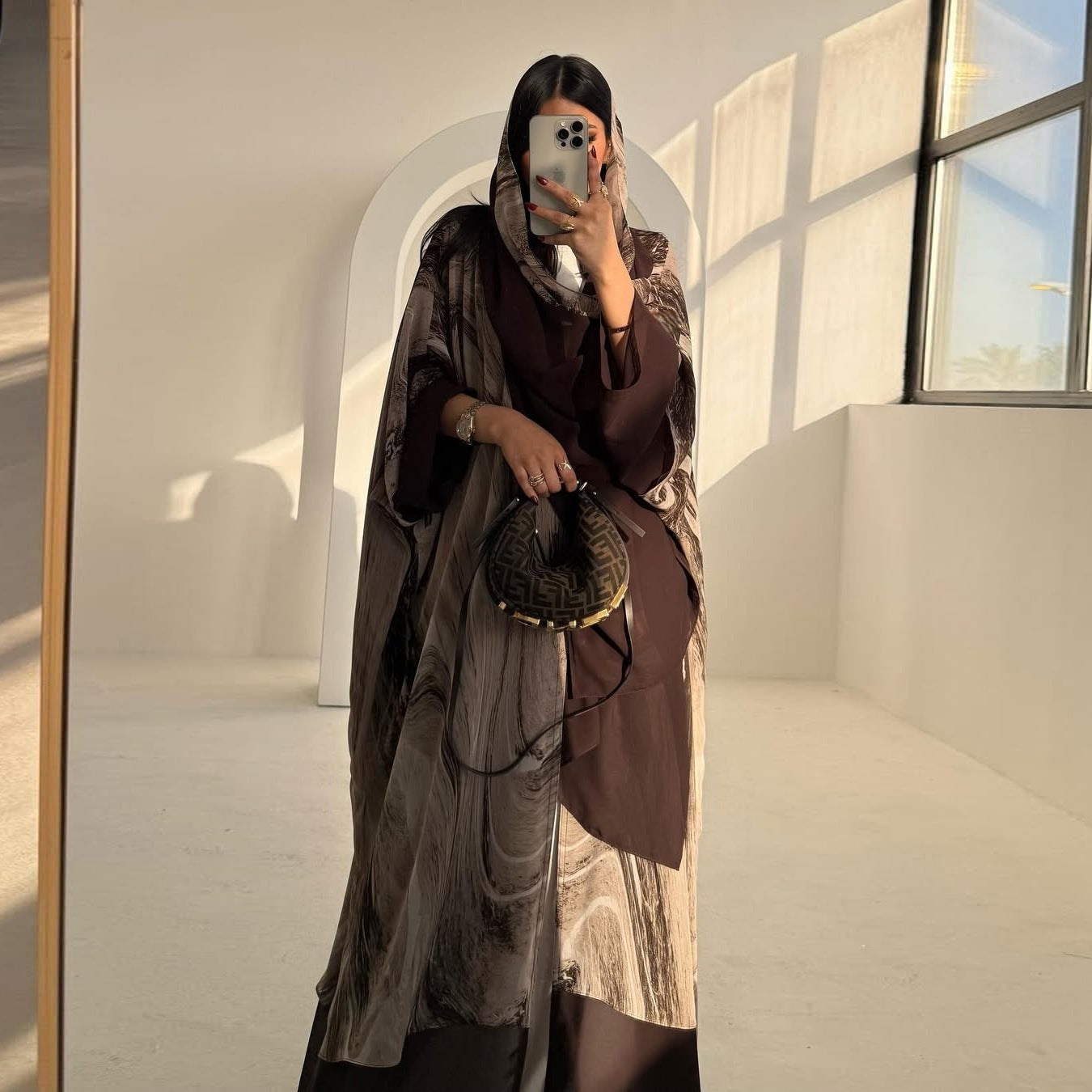 With Turban Brown Print Muslim Women's Clothing
