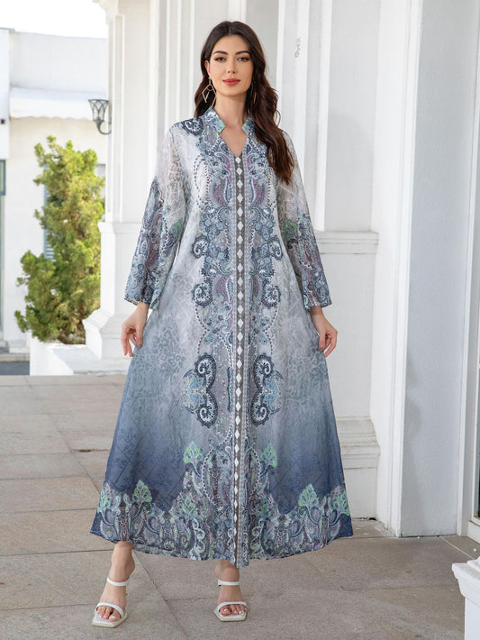 241112 Middle East Cross Border Muslim Women's Robe Embroidered Cloth Printed Rhinestone Women's Long Dress Dress Abayas