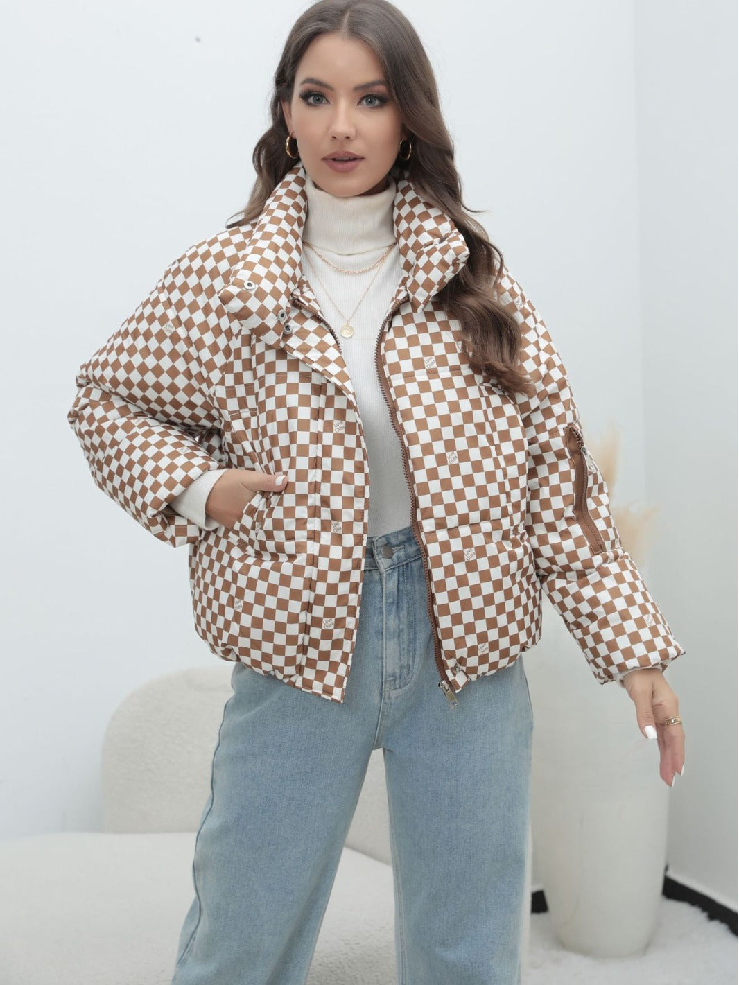 Amazon European And American Coat Plaid Plus Size Women's Coat Bread Clothing Warm Down Cotton-padded Jacket Women's Cotton-padded Coat