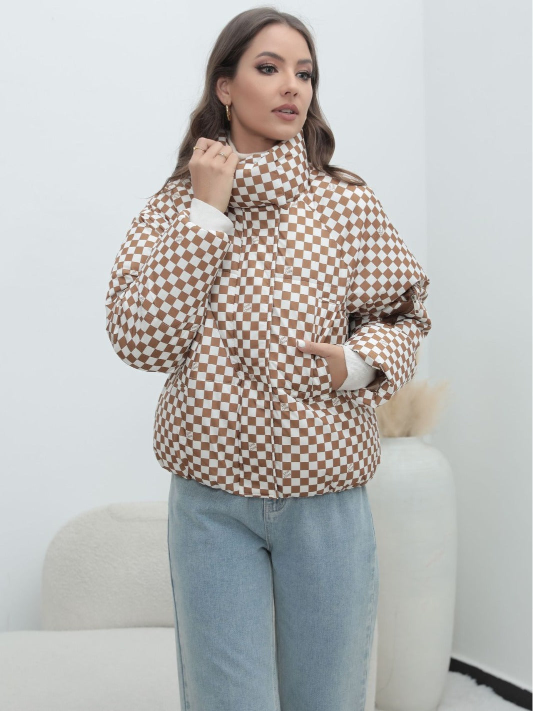 Amazon European And American Coat Plaid Plus Size Women's Coat Bread Clothing Warm Down Cotton-padded Jacket Women's Cotton-padded Coat