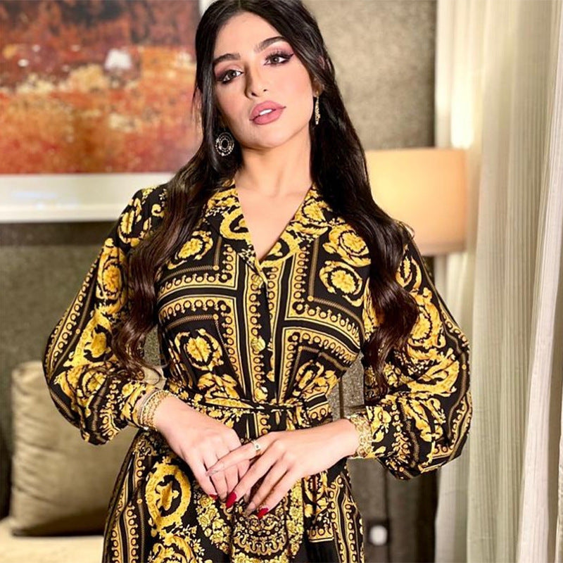 In Stock! European And American Cross-Border Independent Station Women's Shirt Printed Long-Sleeved Dress Fashionable Long Skirt Dress