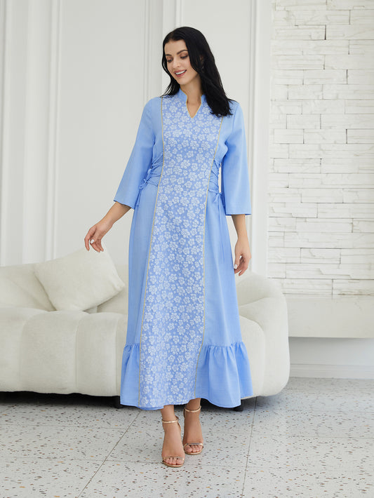 Nc106 Amazon Cross-Border Middle East Long-Sleeved Jacquard V Neck Elegant Lace-Up Waist Slimming Look Dress Evening Dress