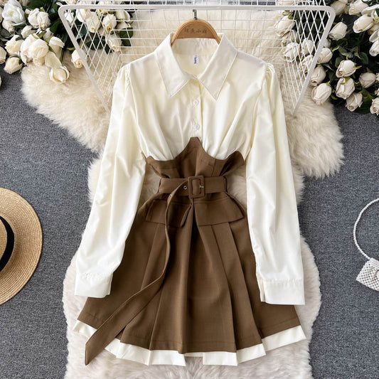 High-quality Light Familiar Style Niche Design Contrast Color Long-sleeved Dress Autumn Women's French Waist Shirt Skirt