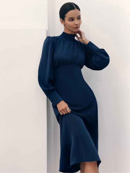 High Collar Cocktail Dress - Long Sleeve A-Line Mid-Length Skirt