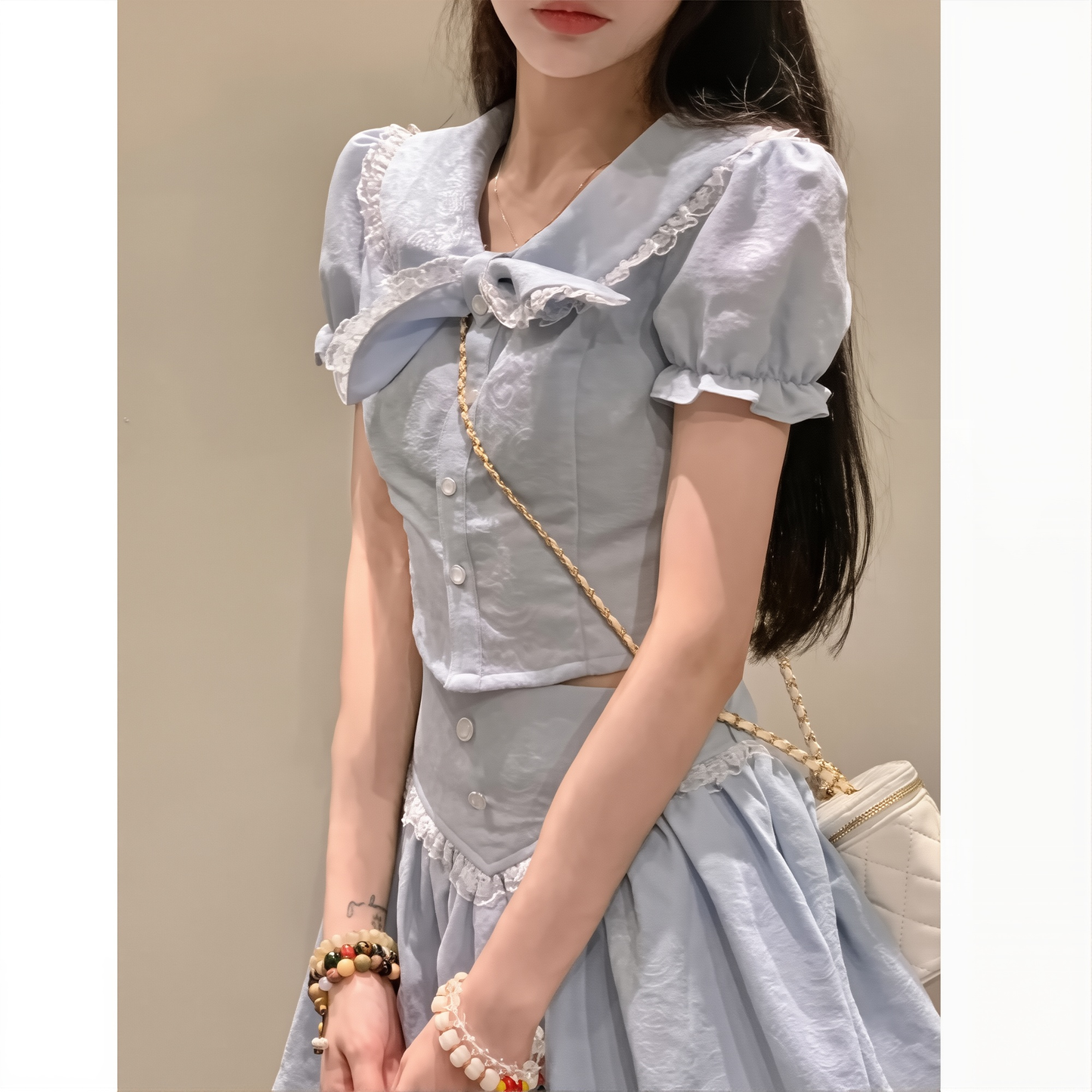 Chanel Style Two-piece Set French Tea Break Lace Double-layer Collar Short Shirt Ruffled A- Line Short Skirt Suit Women