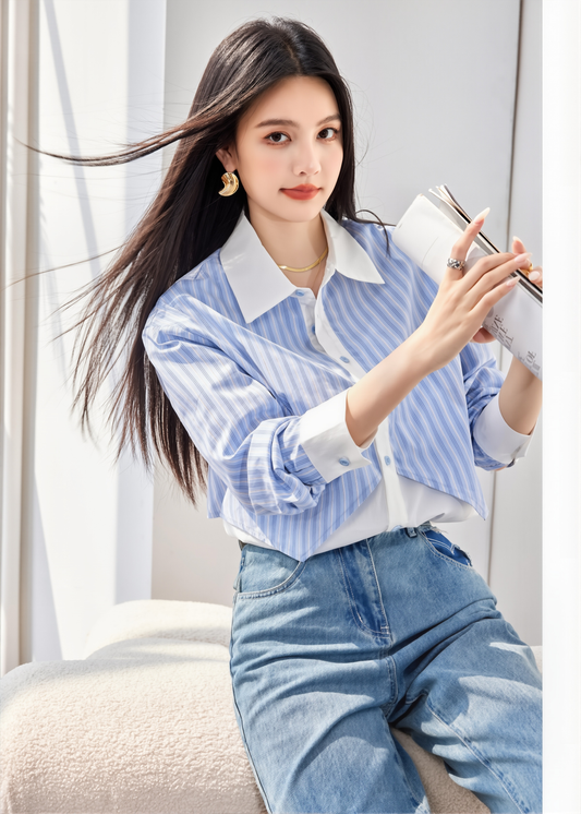 Real Shot In Stock Korean Striped Lapel Long Sleeve Shirt Women's 2025 Autumn New Fake Two-piece Stitching Top