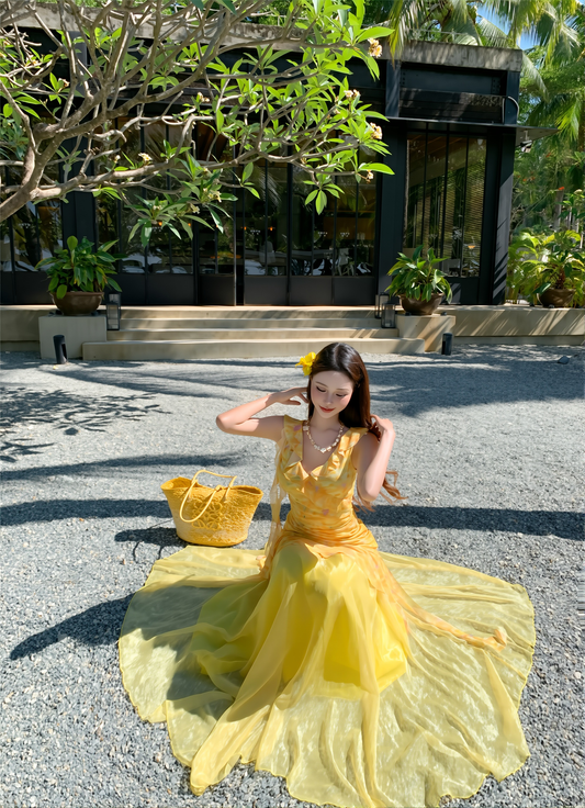 French Style Yellow Floral Suspenders Dress with Mesh Skirt Two-Piece