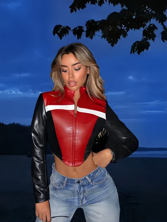 Contrast Color Motorcycle Style Short Navel Leather Top Women's 2024 Autumn New Fashion Hot Girl Long Sleeve Collar Zipper Outer