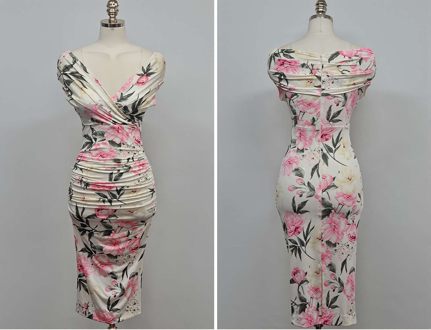 New Style Ladylike Low-Cut V Neck Pleated Waist-Covering Hip Printed Slimming Look Dress For Women