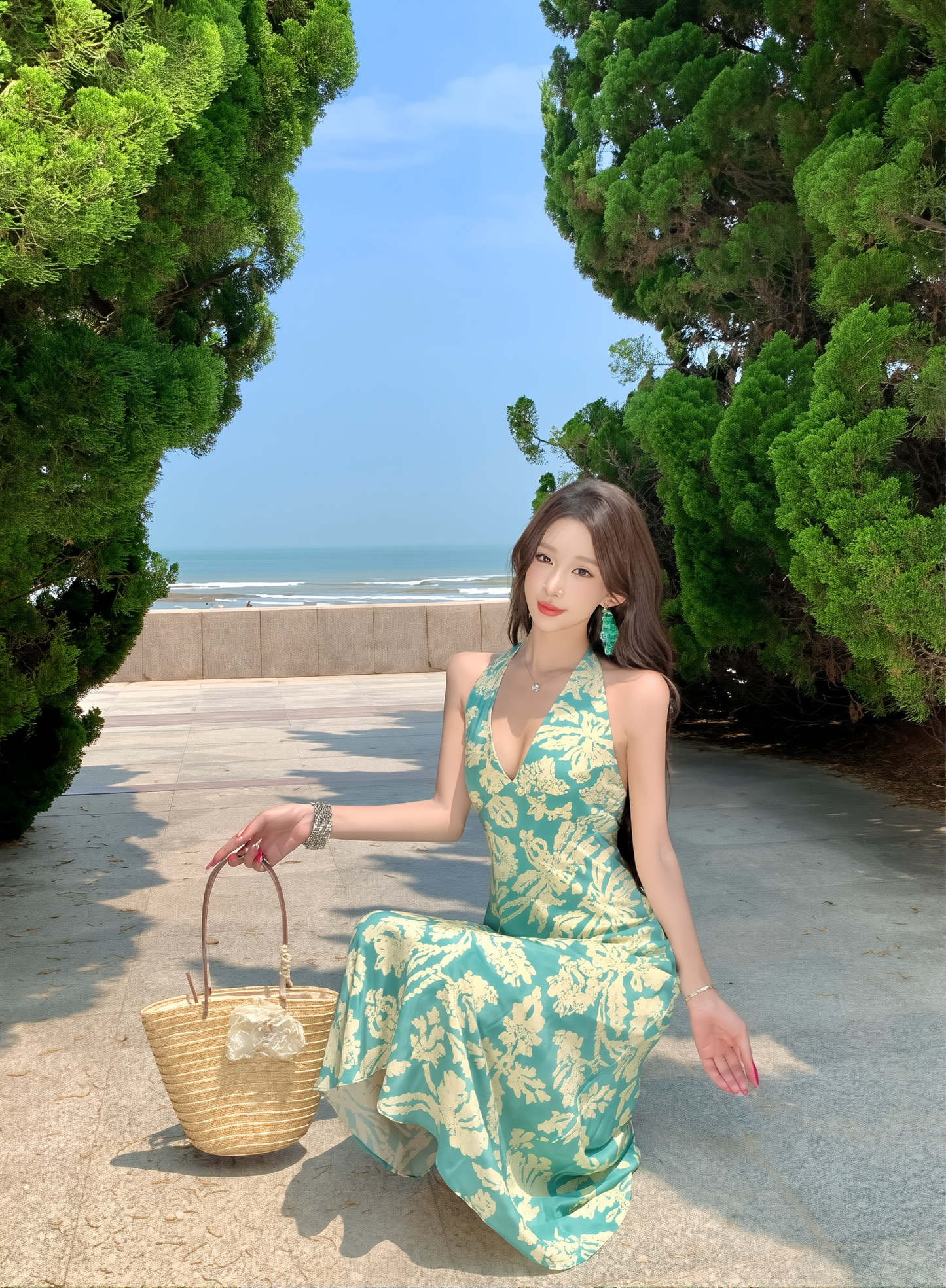 Peacock Blue French Halter Dress - V-Neck Backless Summer Gown