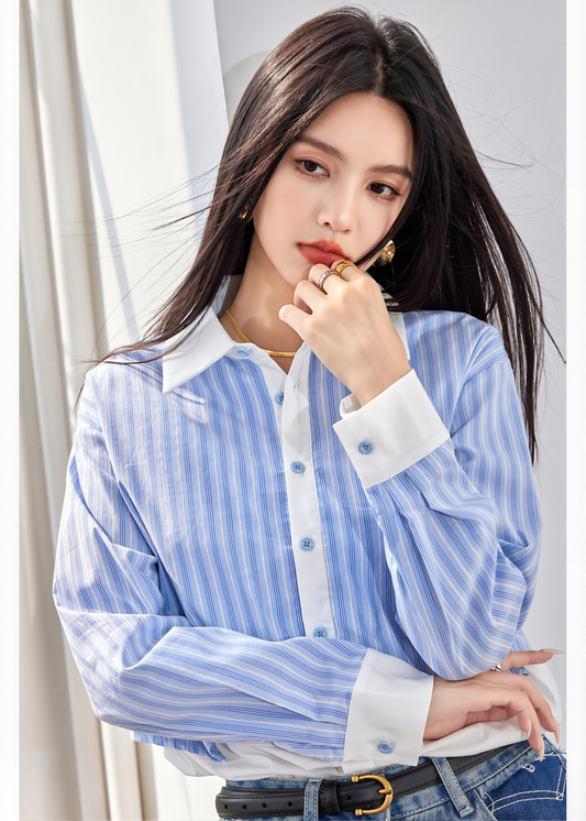 Real Shot In Stock Korean Striped Lapel Long Sleeve Shirt Women's 2025 Autumn New Fake Two-piece Stitching Top