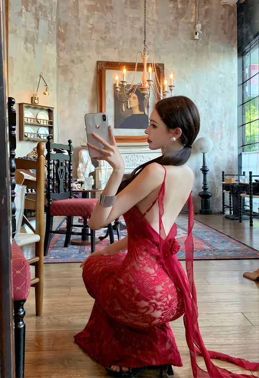 Red Lace Suspender Dress - Sexy Backless Long Vacation Maxi