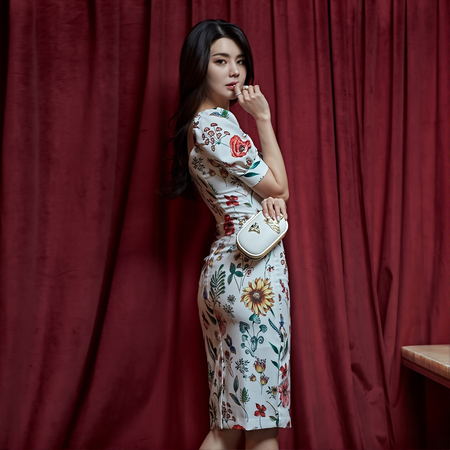 Korean Puff Sleeve Dress - V Neck Slim Fit Printed Midi For Women