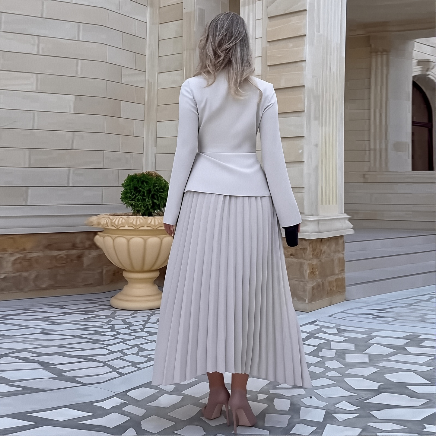 2025 Autumn New Women's Clothing Long Sleeve Waist Pleated Slim Long Skirt