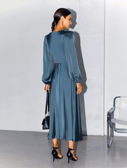 Clothing French Style Elegant Satin Lantern Sleeve Dress Women's High-end Waist Banquet Dress