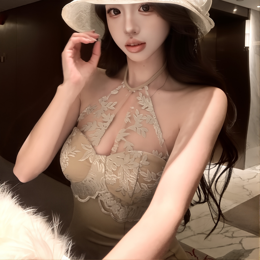 Sexy Hot Girl Lace Splicing Slim Slim Halterneck Dress 2025 Autumn And Winter New Off-shoulder Short Hip-covering Skirt
