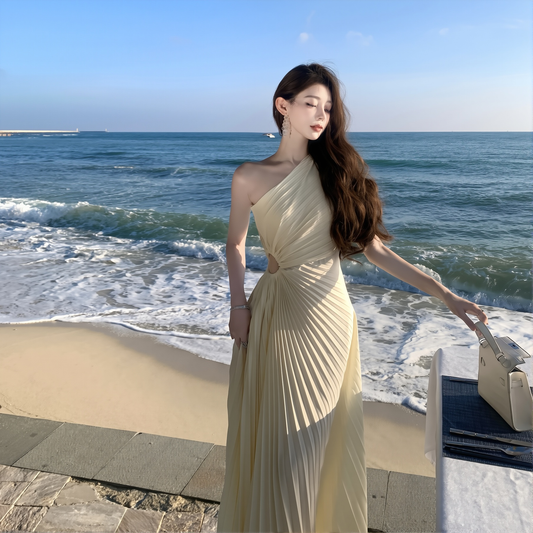 Pleated Slopping Shoulder Gown - Waistless Banquet Long Dress for Women