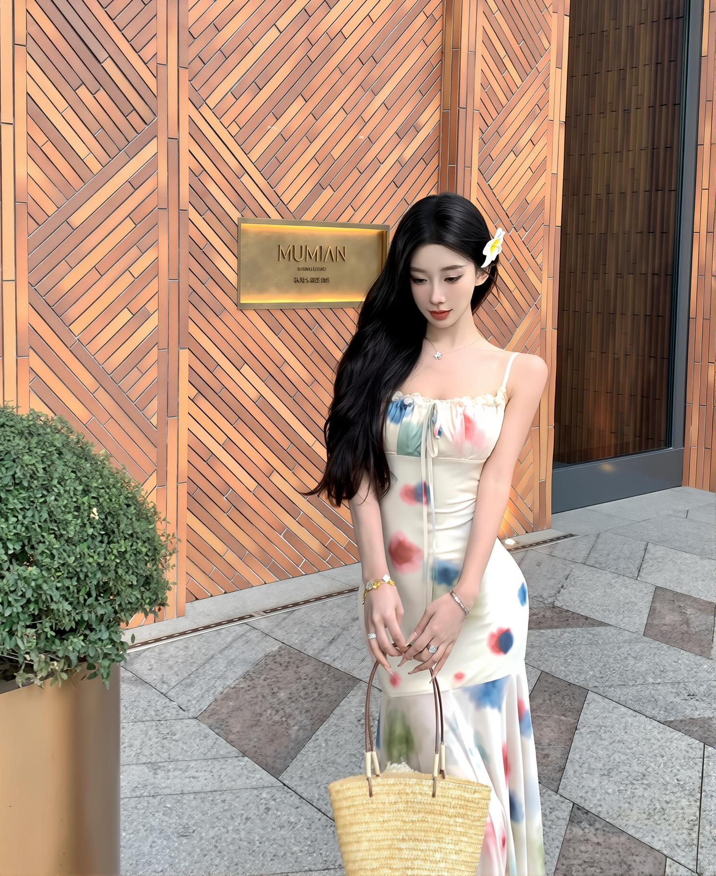 Elegant Vacation Summer Watercolor Sling Dress Women's Spring And Summer Short Long Irregular Skirt Fishtail Skirt