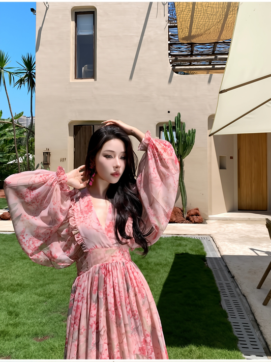 French Style Floral Tulle Dress - Elegant V-Neck A-Line Gown with Lantern Sleeves