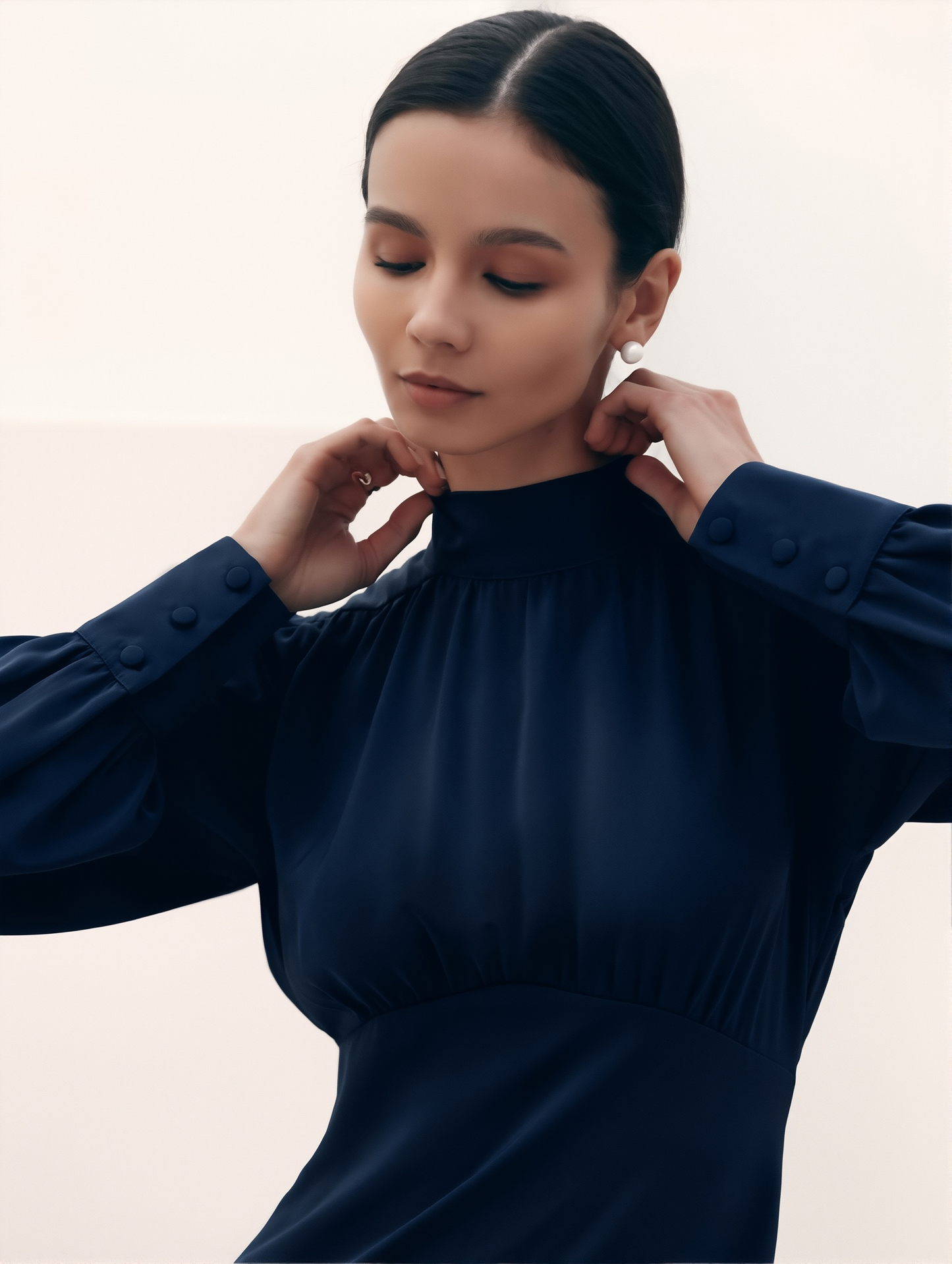 High Collar Cocktail Dress - Long Sleeve A-Line Mid-Length Skirt