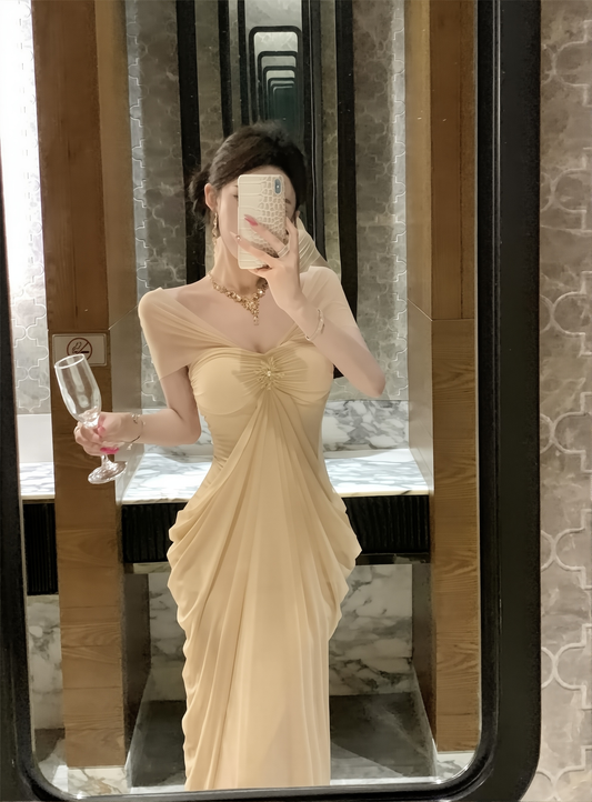 New French Light Luxury Celebrity High-end One-shoulder Two-piece Mesh Long Noble Dress