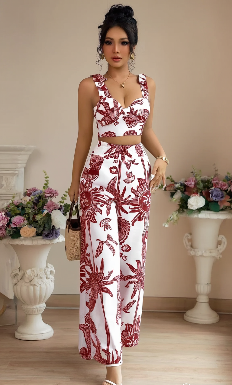 Sexy V-neck Strap Vest Loose Wide Leg Pants