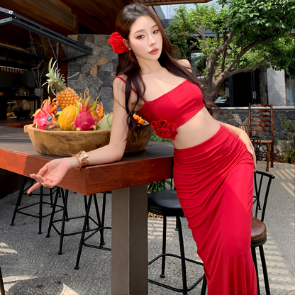 Spice Girl Two-Piece Set: Sexy Sling Skirt with Long Dress Top