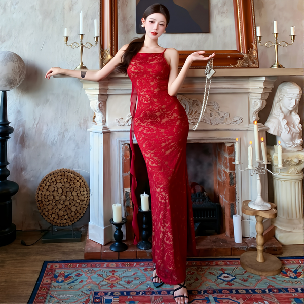 Red Lace Suspender Dress - Sexy Backless Long Vacation Maxi