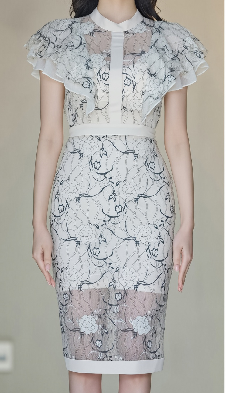 Stand-Up Collar & Lotus Sleeve Lace Dress - Ladylike Slimming Hip-Hugging Gown